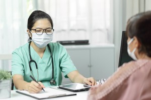 Asian female Doctor in green uniform wear eyeglasses and surgical mask writing something in checklist document while talking with Elderly woman patient in medical room at the hospital. Symptoms, Disease, Flu. Covid-19, Coronavirus. Birth control pill and cancer risk - myth or fact?