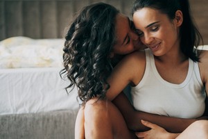 Two beautiful sexy women, lesbian couple enjoying each other at home - having no vagina shame and high vagina self esteem